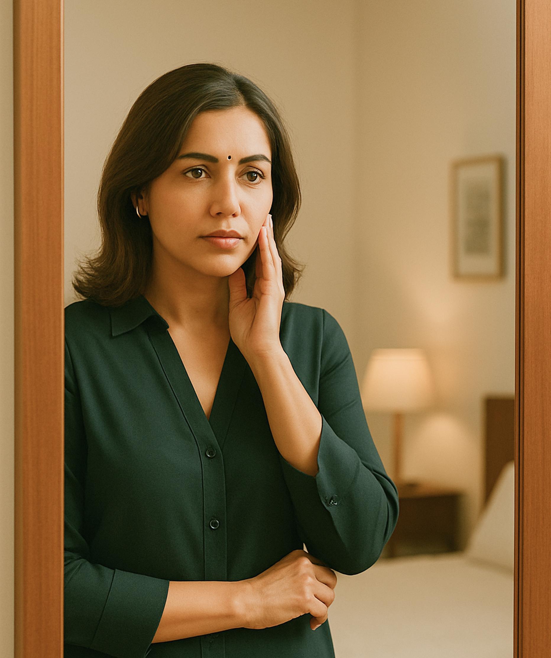 Woman looking at her reflection in the mirror